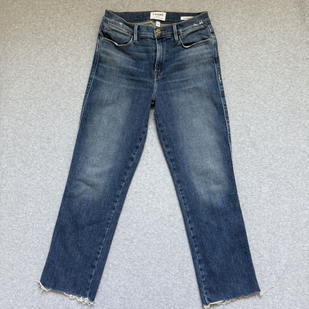 FRAME Le High Straight Jeans Silverado Blue Raw Hem Womens 28